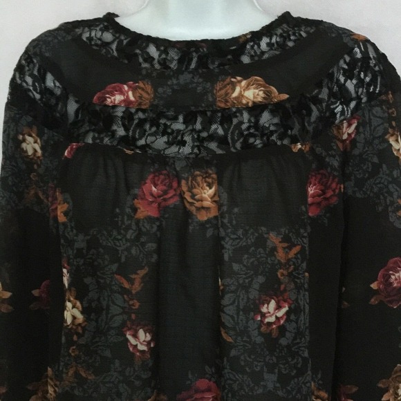Knox Rose Black Lace Floral Boho Hi Low Bohemian Roses Blouse Top Women Size XS - Picture 5 of 13